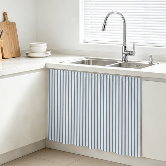 Blue White Stripe Pattern Cabinet Curtain, Simple Style Light Blue Pinstriped Sink Skirt for Bathroom, Under Sink shelf Curtain Privacy Drape for Kitchen Laundry Room 10x11in