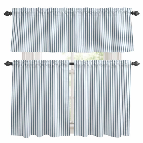 Blue White Stripe Pattern Kitchen Curtains and Valances Set, Simple Style Light Blue Pinstriped Rod Pocket Window Valance Window Curtain Panels for Living Room Bedroom Laundry, 27.5x24in, 3 Pieces