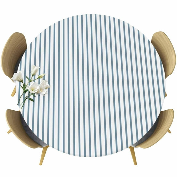 Blue White Stripe Pattern Round Fitted Table Cover Simple Style Light Blue Pinstriped Waterproof Table Cloth with Elastic Edge Wipeable Tablecloth for Picnic Camping Party Fits 36"-44" Diameter