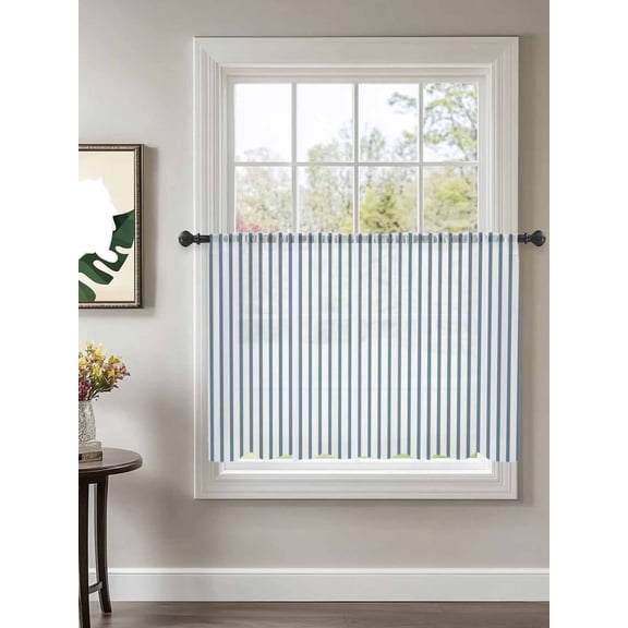 Blue White Stripe Pattern Sheer Curtains 45 Inch Long 1 Panel Simple Style Light Blue Pinstriped Rod Pocket Voile Cafe Curtains Light Filtering Small Window Treatments for Kitchen Basement 52" x 45"