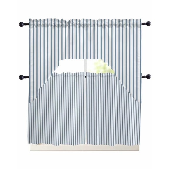 Blue White Stripe Pattern Swag Valance and Tier Curtains Set Simple Style Light Blue Pinstriped Kitchen Curtains 3 Piece Set Rod Pocket Panels for Bedroom Cafe Swag Valances and 36 inches Tiers