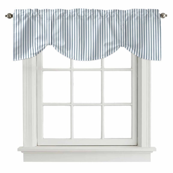 Blue White Stripe Pattern Tie Up Valance for Windows Simple Style Light Blue Pinstriped Adjustable Curtain Valance Rod Pocket Balloon Shade Window Treatment for Kitchen Living Room Bedroom 42x18inch