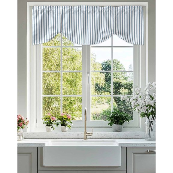 Blue White Stripe Pattern Tie Up Valances Curtain, Adjustable Kitchen Simple Style Light Blue Pinstriped Valances for Windows Decor, Rod Pocket Short Curtains Set for Bedroom/Bathroom, 42"x18"