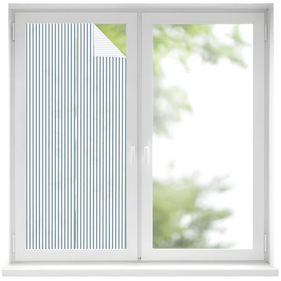 Blue White Stripe Pattern Window Privacy Film 17.7x39.3in Simple Style Light Blue Pinstriped Decorative Window Film with Static Cling, UV Filtering Window Cling Privacy Film for Glass Doors