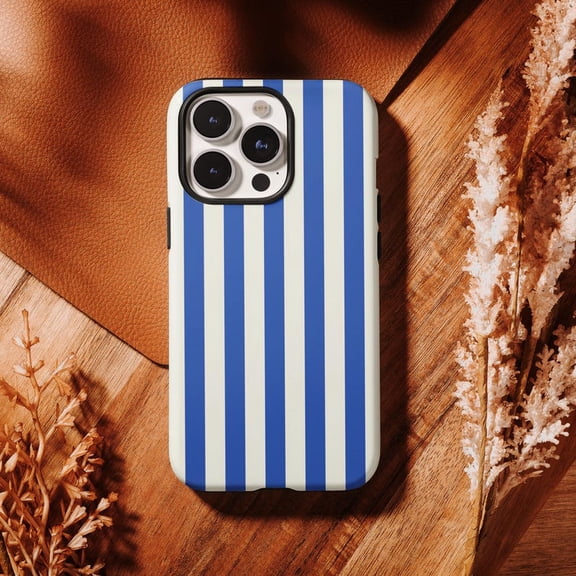 Blue White Stripe Phone Case, Retro Preppy Aesthetic Gift Idea, iPhone 17 to 11 Pro Max