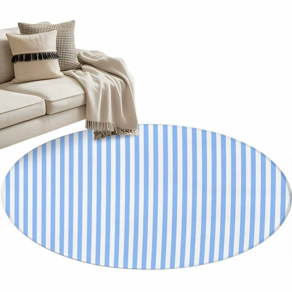 Blue White Stripe Round Area Rug 4 FT, Non Slip Indoor Outdoor Rug, Modern Minimalist Geometric Striped Washable Soft Circular Carpet Non-Shedding Floor Mat for Coffee Table Nursery Foyer Balcony