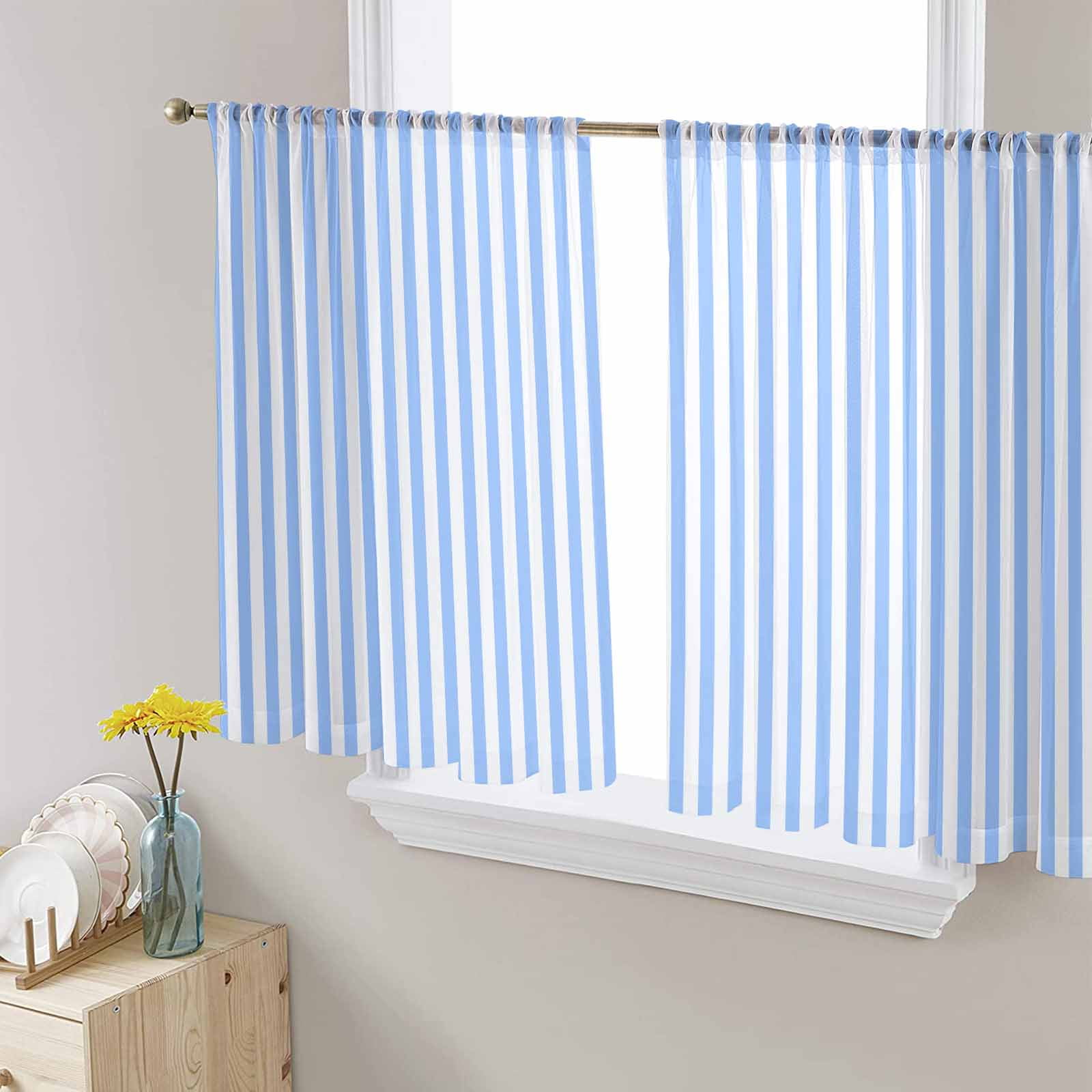 Blue White Stripe Semi Sheer Curtains 45 Inch Length 2 Panels Set ...