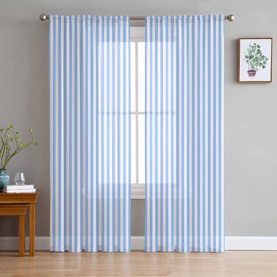 Blue White Stripe Semi Sheer Curtains 63 Inch Length 2 Panels Set, Modern Minimalist Geometric Striped Sheer Kitchen Curtain Privacy Voile Window Curtain for Living Room Bedroom Rod Pocket Drapes