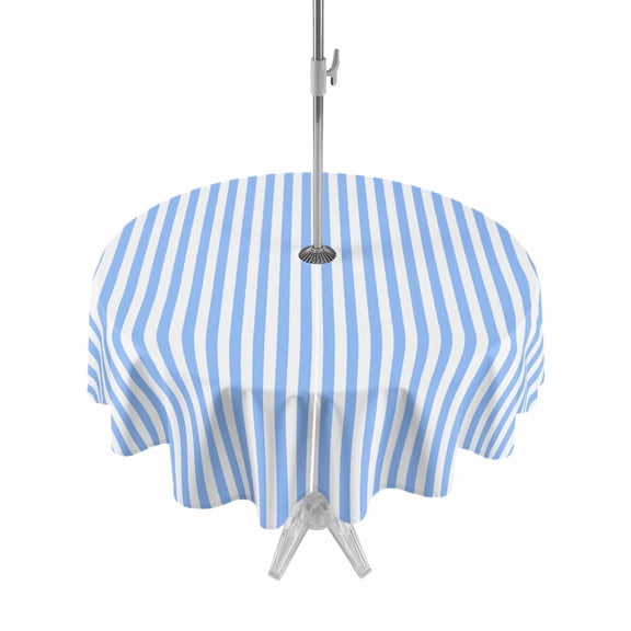 Blue White Stripe Table Cloth Round Tablecloth, Modern Minimalist Geometric Striped Waterproof Wrinkleproof Table Cover with Umbrella Hole and Zipper for Party/Dining/Patio/Wedding 60 Inch