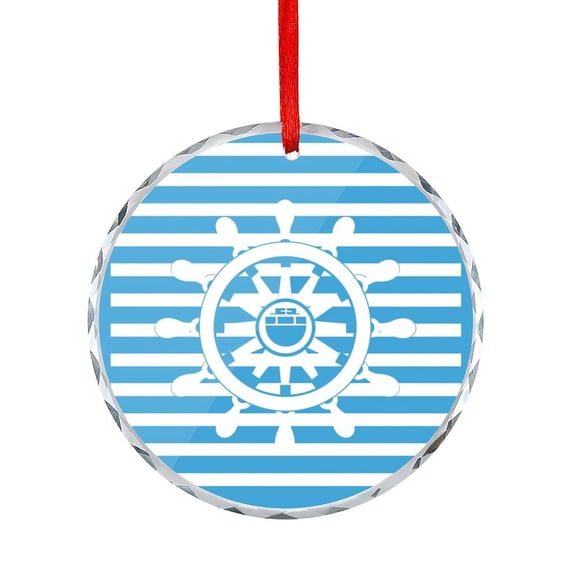 Blue White Stripe with Ship Wheel Glass Ornament Hanging Ornaments Xmas Tree Decor for Family Friends Lovers Ship Wheel Vintage Glass Round Ornaments
