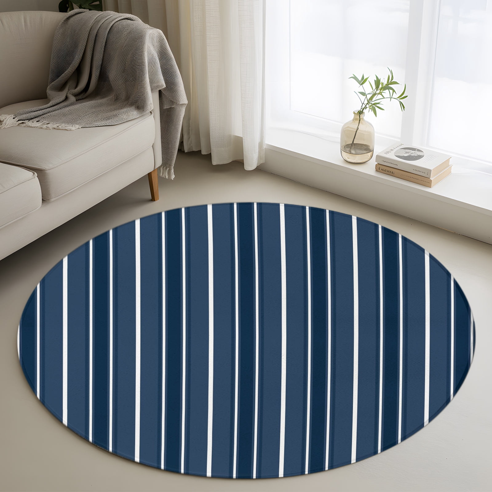 Small Area Rugs Rustic Blue White Striped 3FT Round Area Rug Solid Navy Blue White Stripes ...