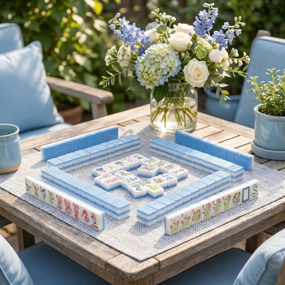 Blue & White Striped American Mahjong Set,with Bow & Floral Design | 160 Acrylic 3-Layer Engraved Tiles, Portable Travel Mahjong Game, Gift for Mahjong Lovers, Friends & Couples