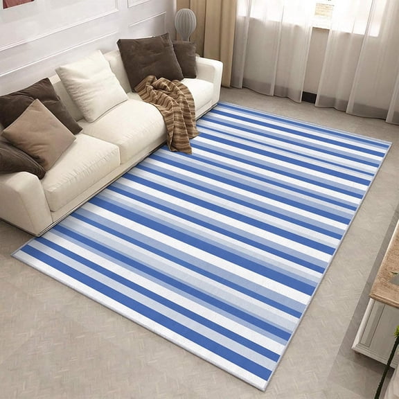 Blue White Striped Area Rug, Coastal Nautical Stripe Indoor Carpet, Washable Non Slip Low Pile Soft Thin Rug for Living Room Bedroom Home Decor Mat 2x3ft