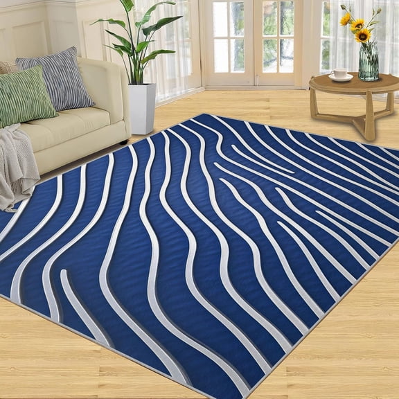 Blue White Striped Area Rug, Modern Geometric Abstract Washable Rug, Non Slip Low Pile Carpet for Living Room Bedroom Home Decor 2x3ft