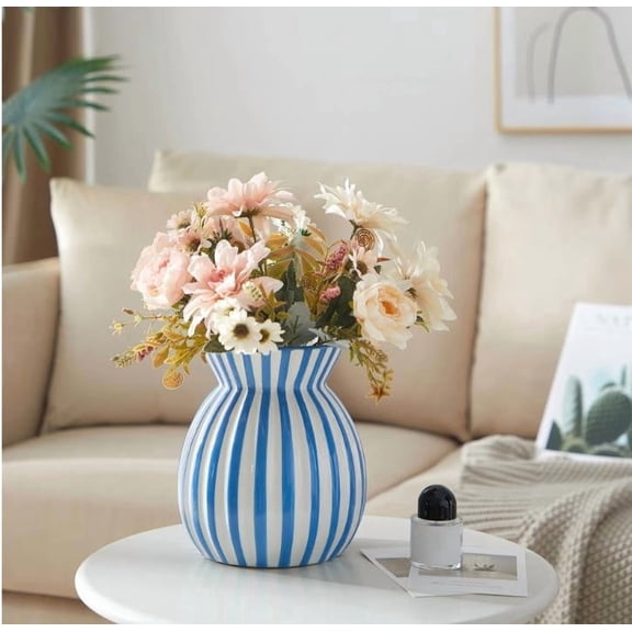 Blue and White Striped Ceramic Vase for Home Decor, Handmade Pottery with Mediterranean Design, Flower Arrangement Centerpiece for Living Room Desk or Windowsill