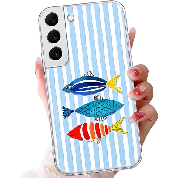 Blue White Striped Colorful Fish Transparent Phone Case for Samsung Galaxy S22 5G 6.1'' - Cute Nautical Marine Clear Protective Cover, Slim Shockproof TPU Case for Kids Women