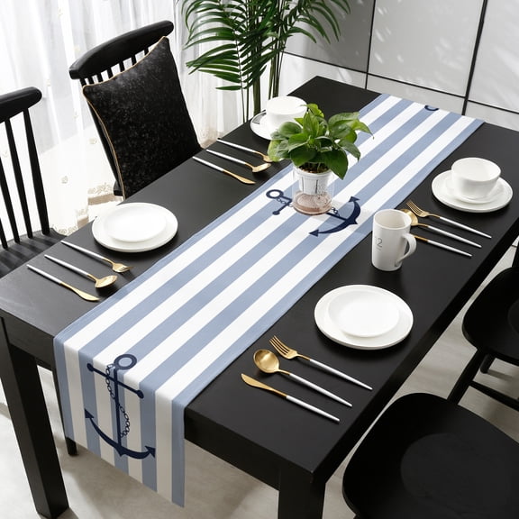 Blue White Striped Cotton Linen Table Runner 18 x 72 inch Navy Blue Beach Nautical Anchor Ocean Coastal Non-slip Rectangular Dining Table Decor for Wedding Party Holiday Dinner