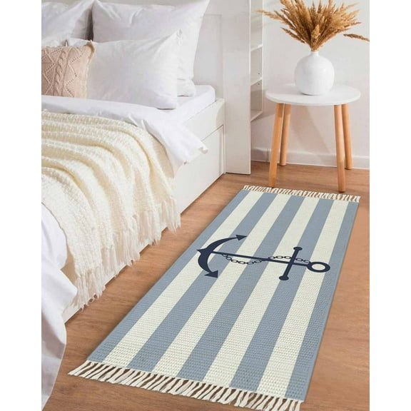 Blue White Striped Hallway Runner Rug 2x6ft,Navy Blue Beach Nautical Anchor Ocean Coastal Washable Woven Living Room Bedroom Kitchen Bathrom Carpet with Tassels,Indoor Outdoor Door Mat for Entryway