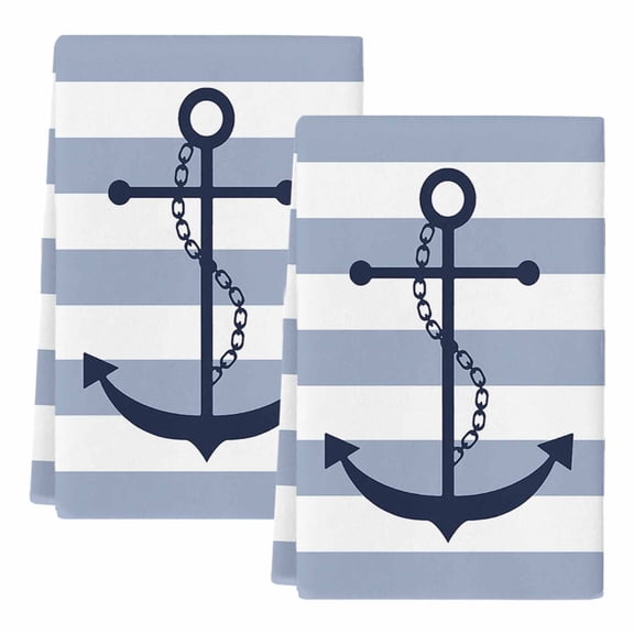 Blue White Striped Kitchen Towels Set of 2,Absorbent Microfiber Dish Tea Towels with Hanging Loop,Navy Blue Beach Nautical Anchor Ocean Coastal Resuable Hand Towel for Home Kitchen Cleaning 18"x28"