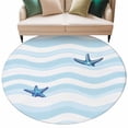 thumbnail image 1 of Blue White Striped Large Area Rugs for Bedroom Living Room, Soft Non Slip Carpet Bedside Rug, Starfish Coastal Waves Round Floor Cover Kitchen Accent Rug 8' for Dining Room/Office, 1 of 9