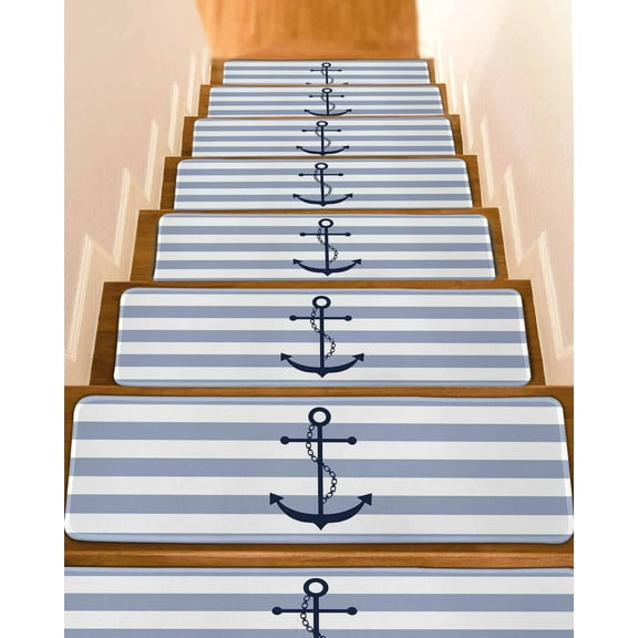 Blue White Striped Stair Treads for Wooden Steps Indoor Runner Rug Carpet, Navy Blue Beach Nautical Anchor Ocean Coastal 4 Pieces Peel and Stick Staircase Step Treads Covers Throw Door Mats 30"x8"