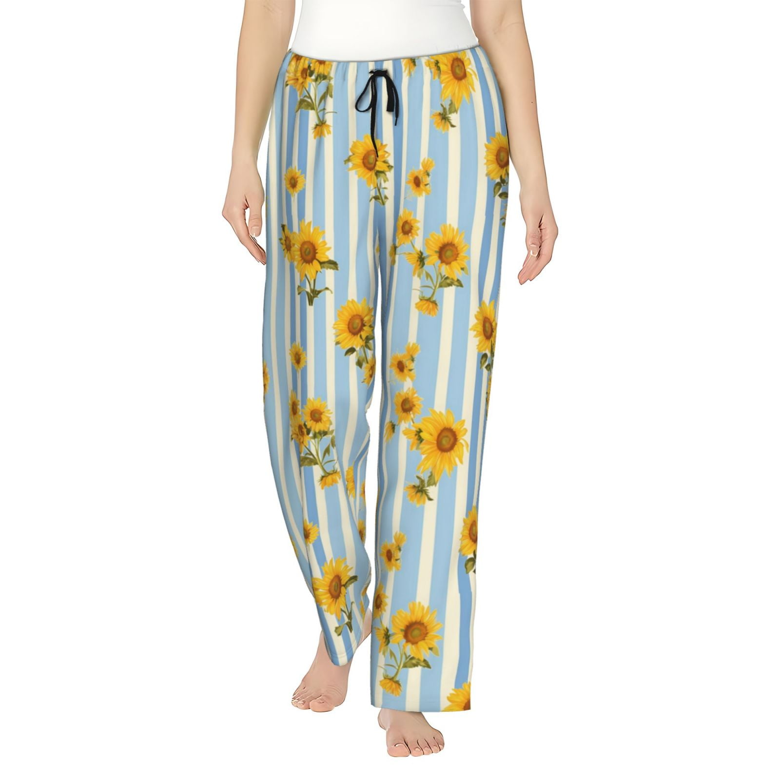 Blue White Striped Sunflower Women's Pajama Bottoms, Long Comfy Womens