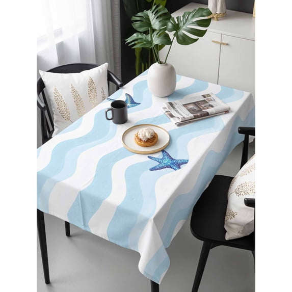 Blue White Striped Tablecloth Rectangle Table Cloths 54x108, Waterproof Outdoor Table Cloth Covers Decorative Table Protector, Starfish Coastal Waves Washable Table Cover for Kitchen Dinning Party