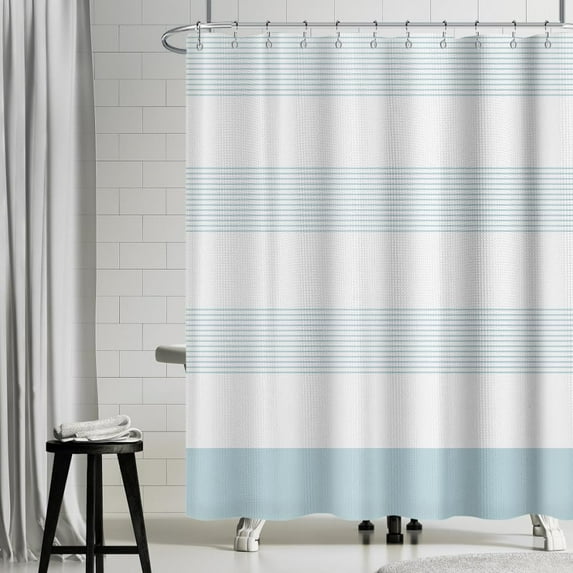 Blue and White Striped Waffle Shower Curtain Ombre Nautical Splicing Stall Bath Curtain Rustic Farmhouse Neutral Bathtub Curtain for Kids Bathroom Waterproof Decor with Hooks,72x72 Inch