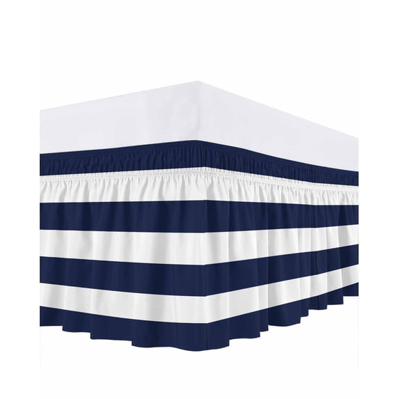 Blue White Stripes Bed Skirt Queen Size 16" Drop Sea Blue Striped Modern Style Ruffled Wrap Around Bed Skirts Adjustable Elastic Bedskirt Dust Ruffle for Queen Size Bed