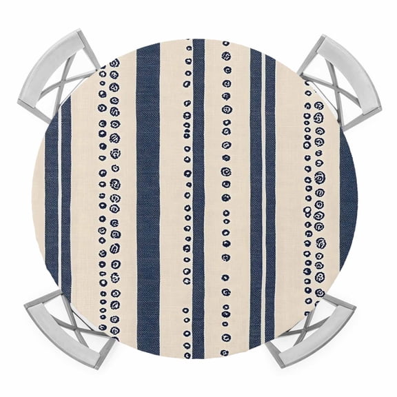 Blue off White Stripes Elastic Fitted Round Table Cover Abstract Waterproof Outdoor Tablecloth for Holiday Party, Picnic, Patio & Dining Fits Tables Up to 36"-44"