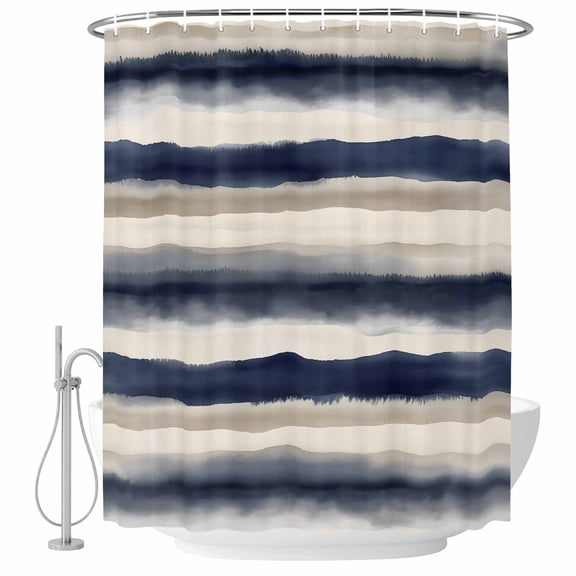 Blue off White Stripes Fabric Shower Curtain Abstract Art Washable Shower Curtains for Bathroom, Waterproof Bath Curtain with Hooks Home Decor 72x72in