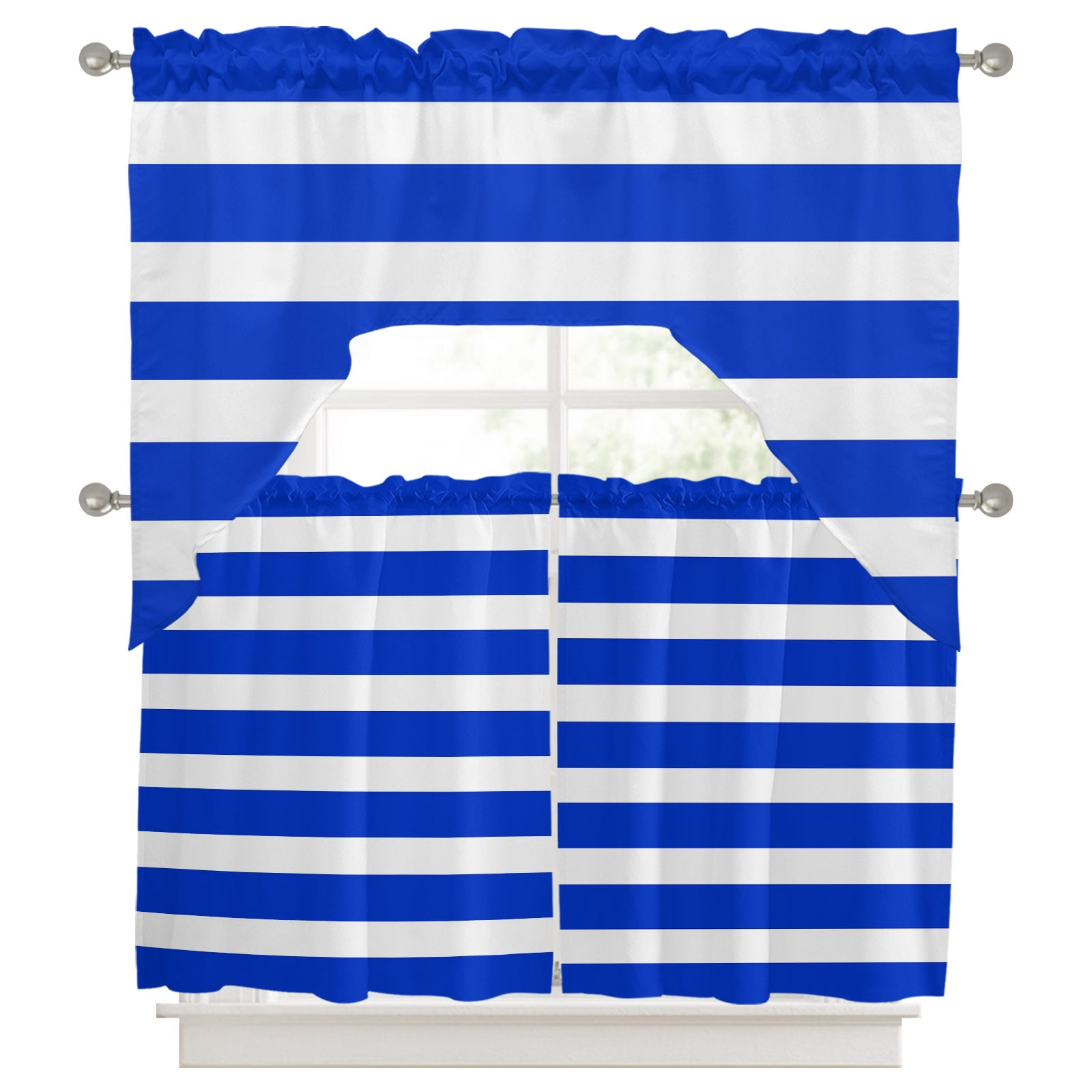 Blue White Stripes Swag Valance and Tier Set of 3, Minimalist Classic ...