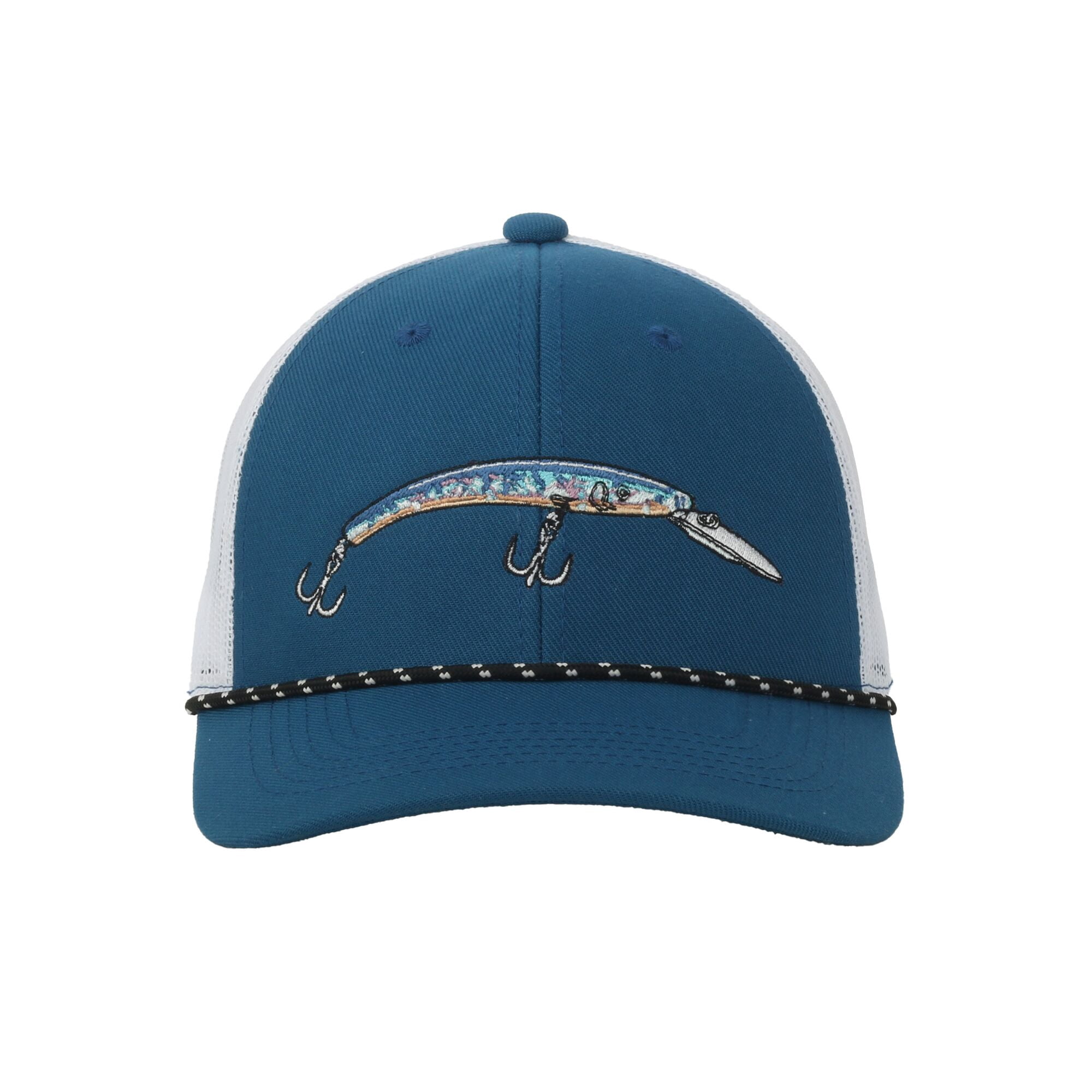 Blue/White Lure 6-Panel Fishing Cap – Structured, Embroidered, Snapback, One Size