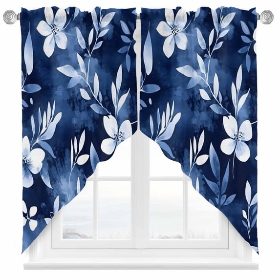 Blue White Swag Curtain Valance for Windows, Wildflower Watercolor Ink Floral Leaves Botanical Window Treatments Short Swag Topper for Kitchen Windows Bathroom Bedroom, 28"x36"