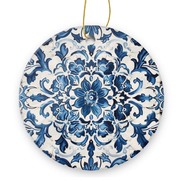 Blue And White With Symmetrical Patterns of Flowers And Leaves - Christmas Ornament Xmas Keepsake Ceramic Ornaments Holiday Decorations for Tree Christmas Gift Ideas 2.95in
