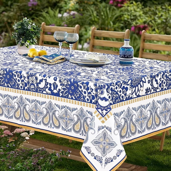 Blue And White Table Cloth Square Table 55x55 Inch, Farmhouse Outdoor Square Tablecloth, Table Clothes For Parties Graduation Birthday Fiesta, Summer Cloth Fabric Tablecloths Waterproof Polyester