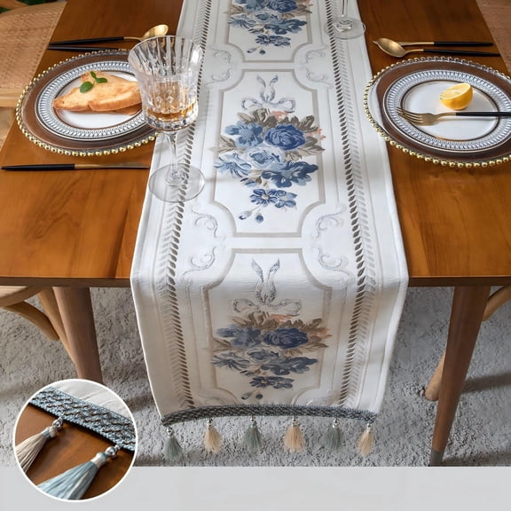 Blue White Table Runner 14x55 Inch – Toile de Jouy Inspired for Standard Table, Bridal Shower, Classic Decor – Timeless Grace