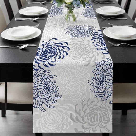 Blue White Table Runner 60 Inches Long, Abstract Grey Chrysanthemum Flower Floral Kitchen Coffee Dining Table Decoration for Home Party Birthday Wedding Home Decor 13x60 Inches