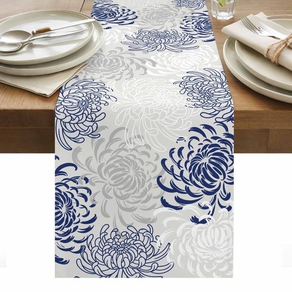 Blue White Table Runner - 70 Inch Long, Kitchen Dining Table Runner Dresser Scarves, Abstract Grey Chrysanthemum Flower Floral Farmhouse Decor for Coffee Tables Wedding Party Banquet