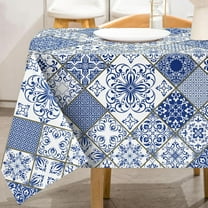 Blue and White Tablecloth 60 x 102 Inch Rectangle Patchwork Tile Table Cloth Washable Spanish Style Table Cover for Home kitchen Dining Table Decoration Supplies