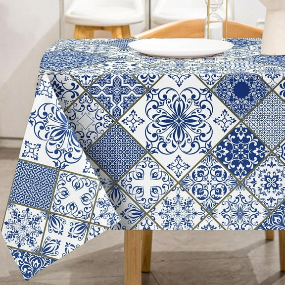 Blue and White Tablecloth 60 x 102 Inch Rectangle Patchwork Tile Table Cloth Washable Spanish Style Table Cover for Home kitchen Dining Table Decoration Supplies
