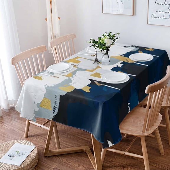 Blue White Tablecloth Rectangle Table Cloth 60x84 , Waterproof Tablecloth Outdoor Table Cloth, Gold Graffiti Painting Art Retro Country Washable Table Cover for Kitchen Dining Party