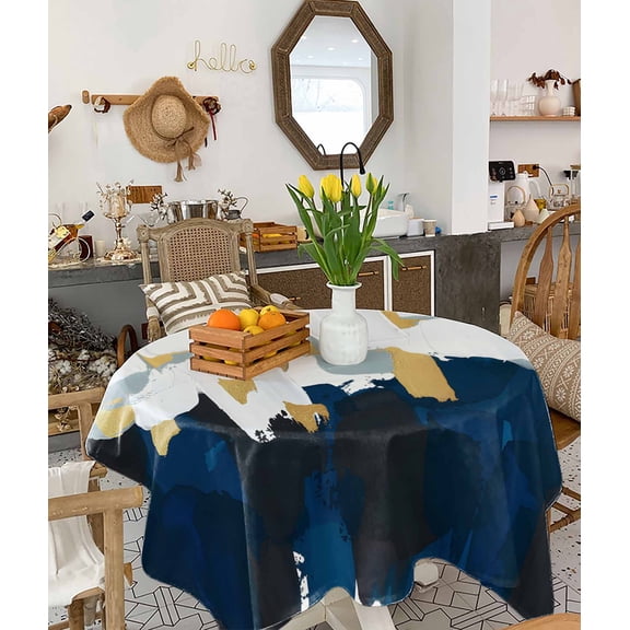Blue White Tablecloth Square Table Cloth 54x54, Waterproof Tablecloth Outdoor Table Cloth, Gold Graffiti Painting Art Retro Country Washable Table Cover for Kitchen Dining Party