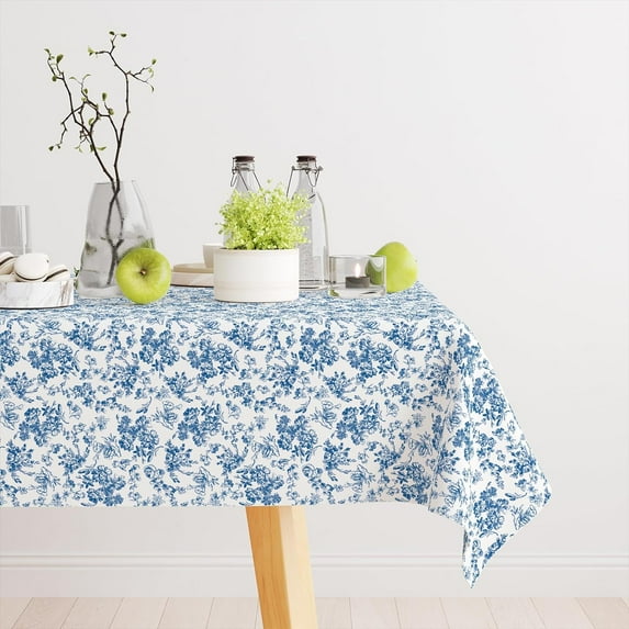 Blue and White Tablecloth Vintage Rectangle Tablecloth, Rustic Blue Floral Table Cloth- Washable Table Cover, Wrinkle Resistant for Restaurants, Picnics, Indoor and Outdoor Dining, (60" x 120")
