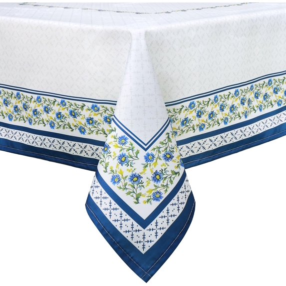 Blue White Tablecloth Waterproof, French Country Bordered Rectangle Table Cloth, Washable Table Cover for Kitchen Dining Party Decor (60×84 Inch)