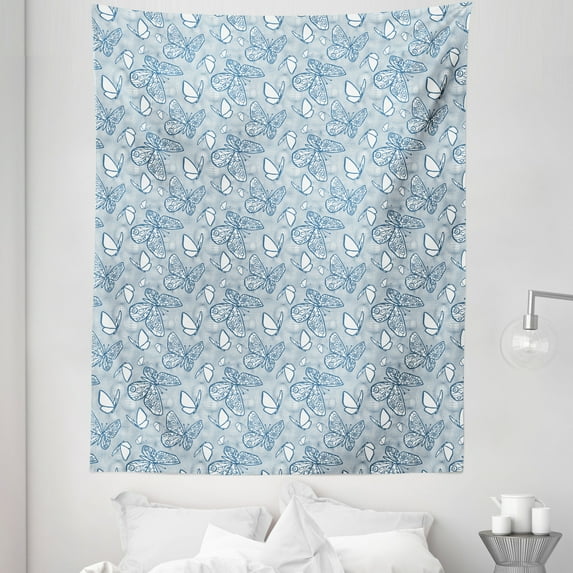 Blue and White Tapestry, Abstract Doodle Flying Butterfly Motifs on Distorted Net Background, Fabric Wall Hanging Decor for Bedroom Living Room Dorm, 5 Sizes, Blue and White, by Ambesonne