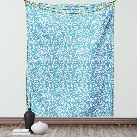 Blue and White Tapestry, Balinese Tribal Tile Art Illustration with Abstract Contour Lines, Wall Hanging for Bedroom Living Room Dorm Decor, 60W X 80L Inches, Pale Blue and White, by Ambesonne
