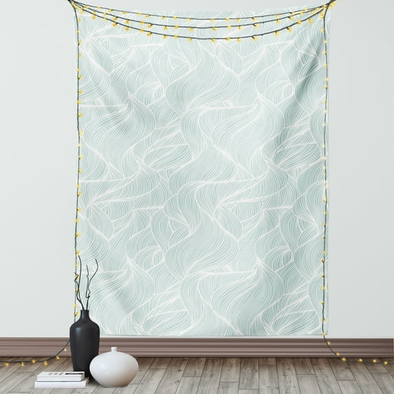 Blue and White Tapestry, Contemporary Ocean Storm Abstraction with Wavy Lines Doodle Style, Wall Hanging for Bedroom Living Room Dorm Decor, 60W X 80L Inches, Baby Blue and White, by Ambesonne