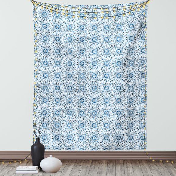 Blue and White Tapestry, Dutch Tile Design with Large Flowers and Detailed Petals Antique Ethnic, Wall Hanging for Bedroom Living Room Dorm Decor, 60W X 80L Inches, Blue and White, by Ambesonne