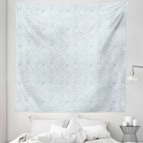 Blue and White Tapestry, Hand Drawn Style Crystals in Different Shapes Hipster Doodle Art Gemstones, Fabric Wall Hanging Decor for Bedroom Living Room Dorm, 5 Sizes, Blue White, by Ambesonne